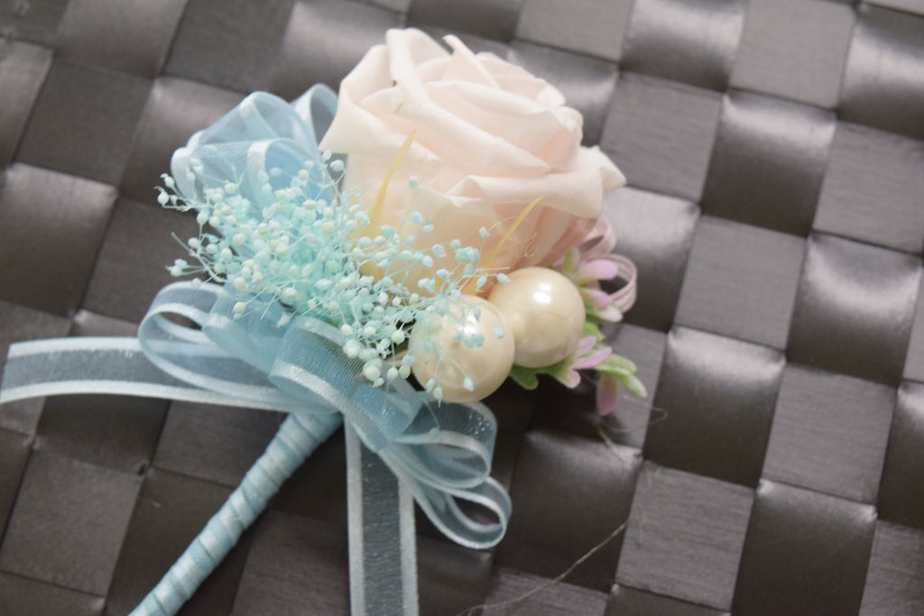 Boutonniere & Wrist Corsage Set (BWC14) - Turquoise & Cream