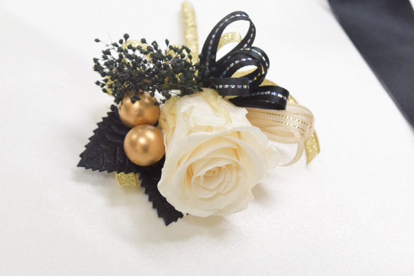 black and gold dress corsage Boutonniere & Wrist Corsage Set (BWC19)