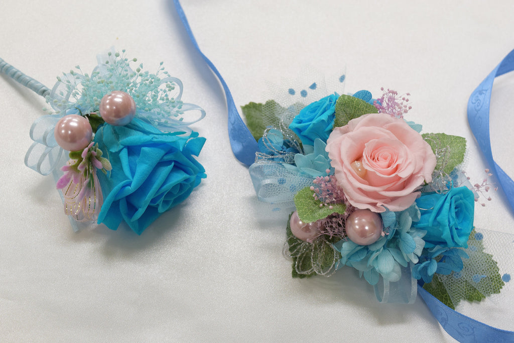 Boutonniere & Wrist Corsage Set (BWC13) - Pink & Turquoise
