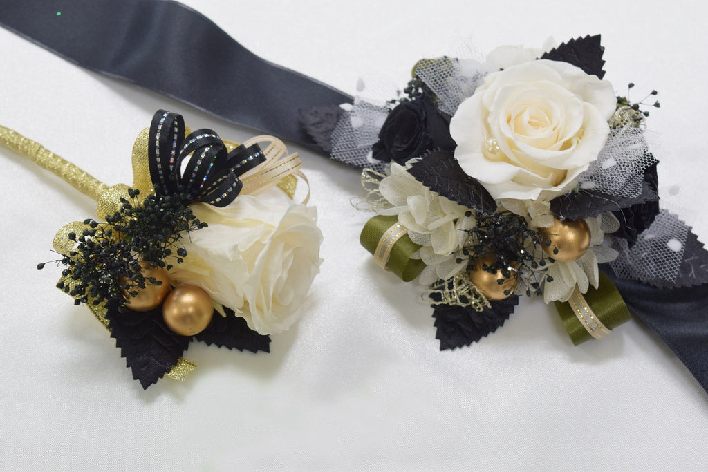 Boutonniere & Wrist Corsage Set (BWC19) - Ivory, Gold & Black