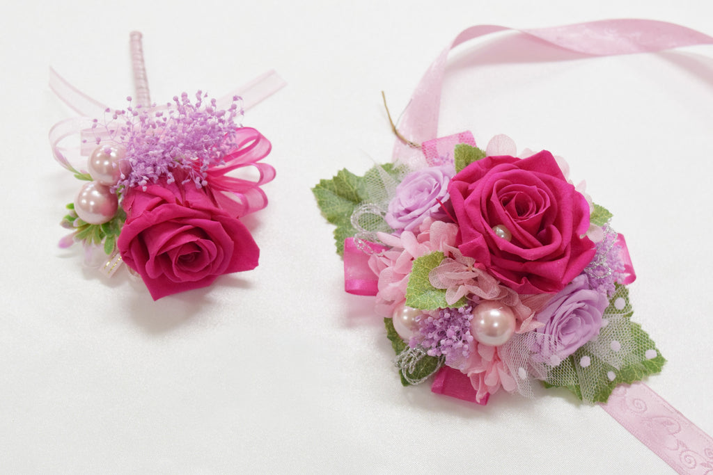Boutonniere & Wrist Corsage Set (BWC22) - Hot Pink & Lavender