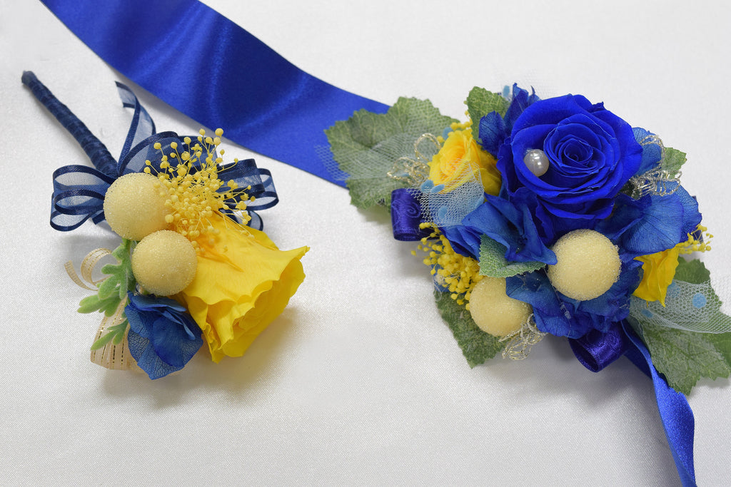Boutonniere & Wrist Corsage Set (BWC25) - Royal Blue & Yellow