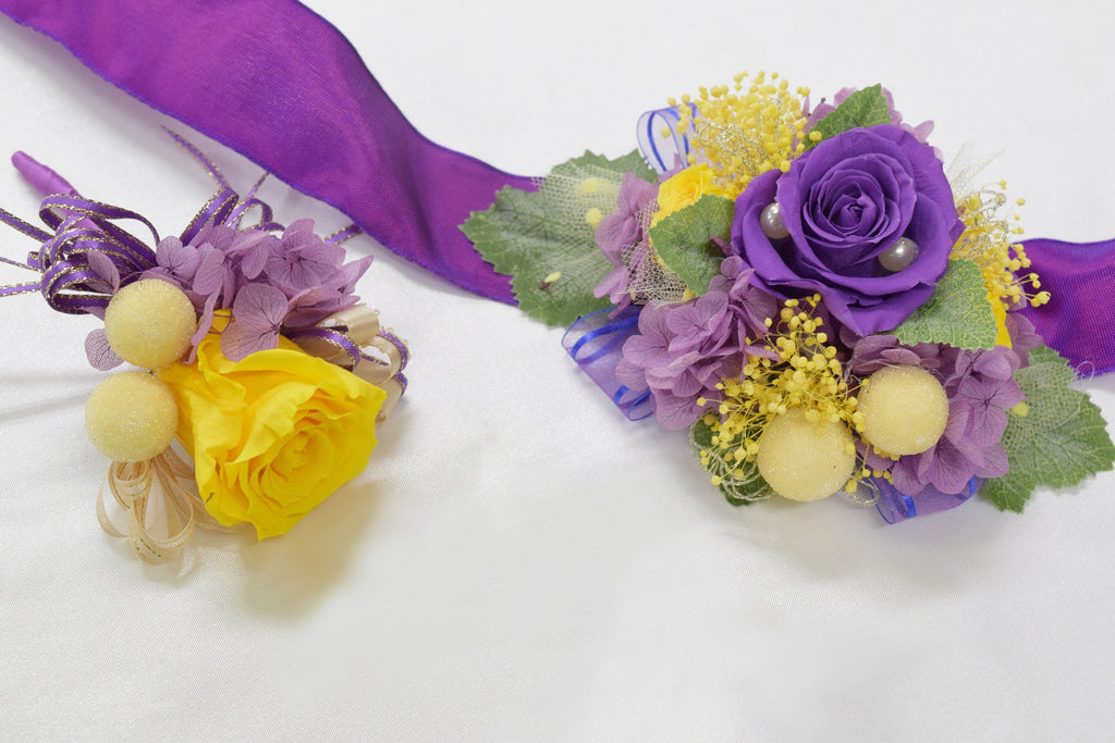 Boutonniere & Wrist Corsage Set (BWC26) - Purple & Yellow