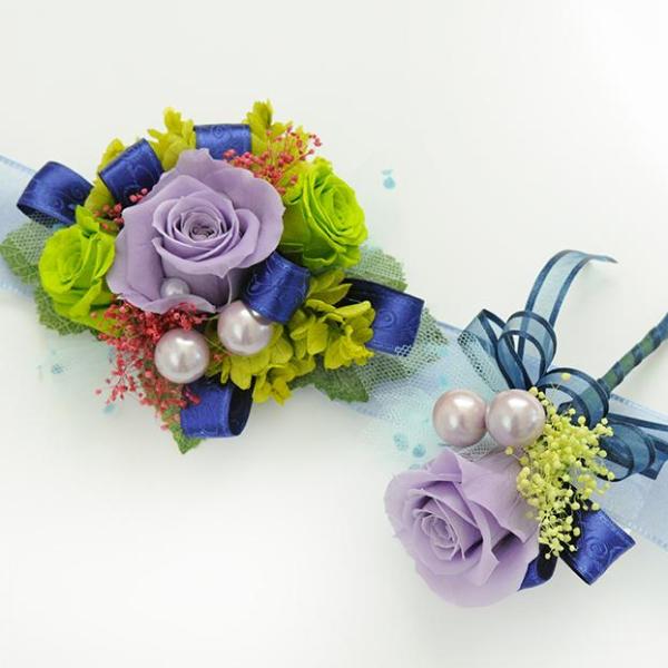 Boutonniere & Wrist Corsage Set (BWC27A) - Lavender & Blue