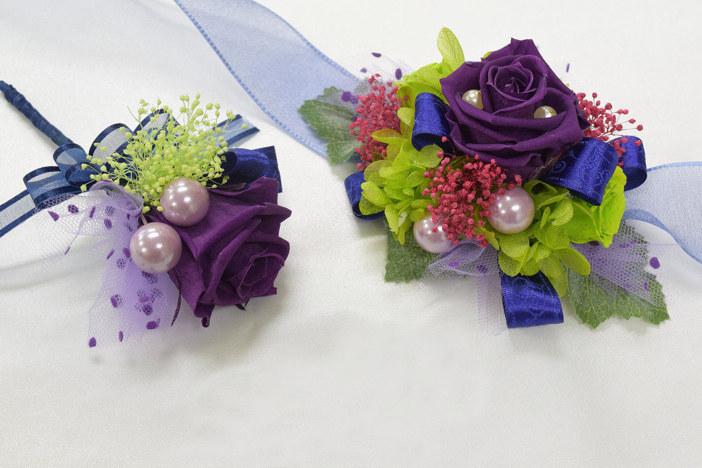 Boutonniere & Wrist Corsage Set (BWC27) - Dark Purple & Green