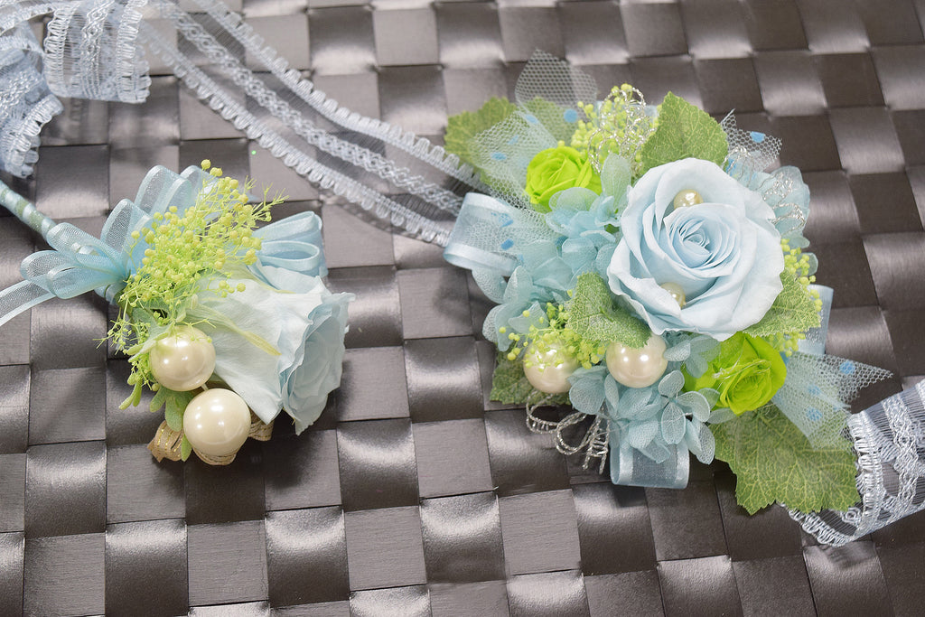 Boutonniere & Wrist Corsage Set (BWC30) - Baby Blue & Green
