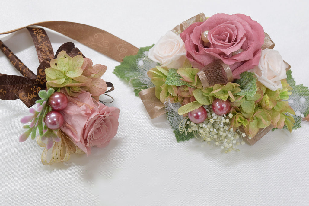 Boutonniere & Wrist Corsage Set (BWC08) - Rosewood Pink & Panna Cotta