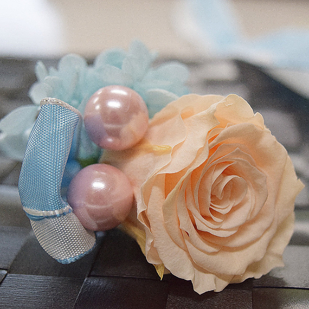 Wrist Corsage (WC15) - Peach & Light Blue