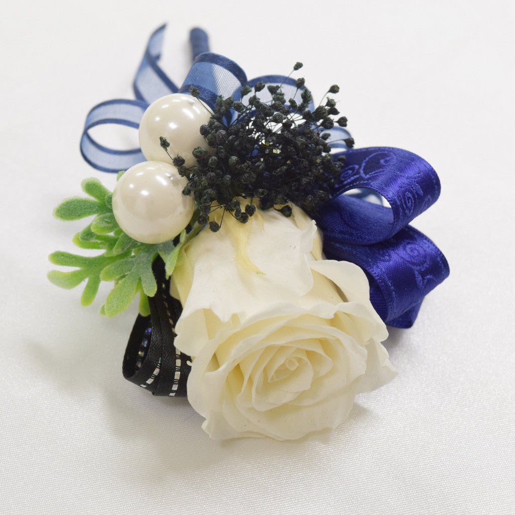 Wrist Corsage (WC16) - Dark Blue & Pearl White