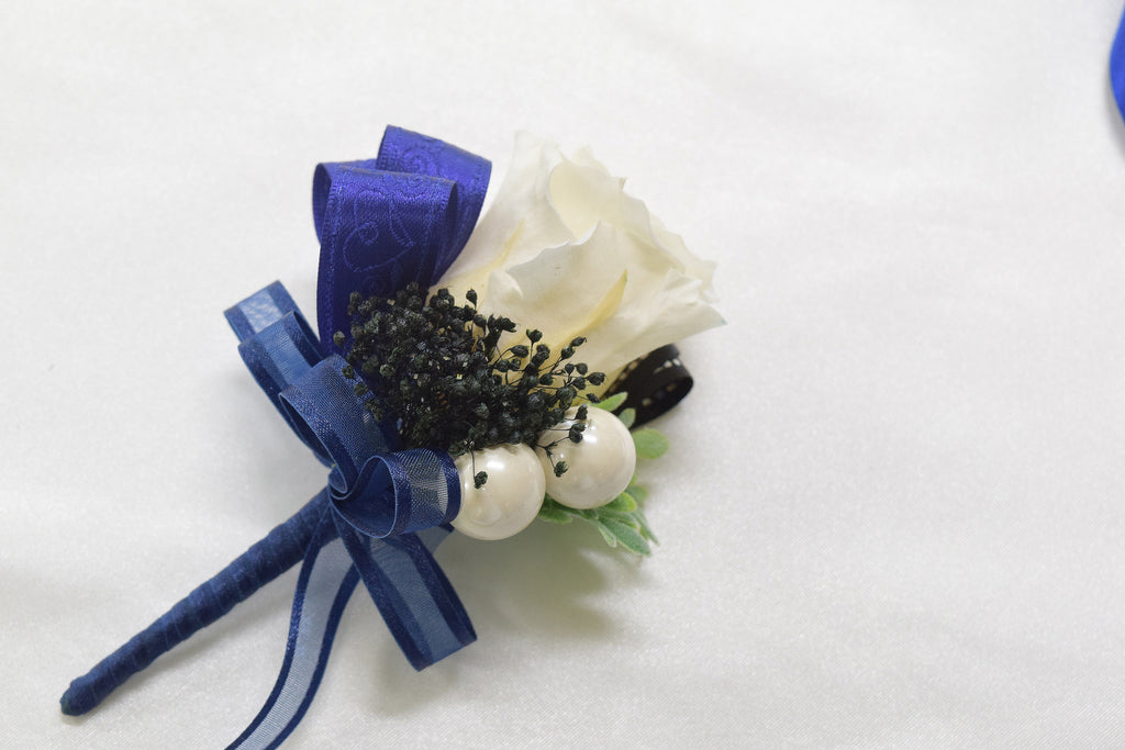 Boutonniere & Wrist Corsage Set (BWC16) - Dark Blue & White