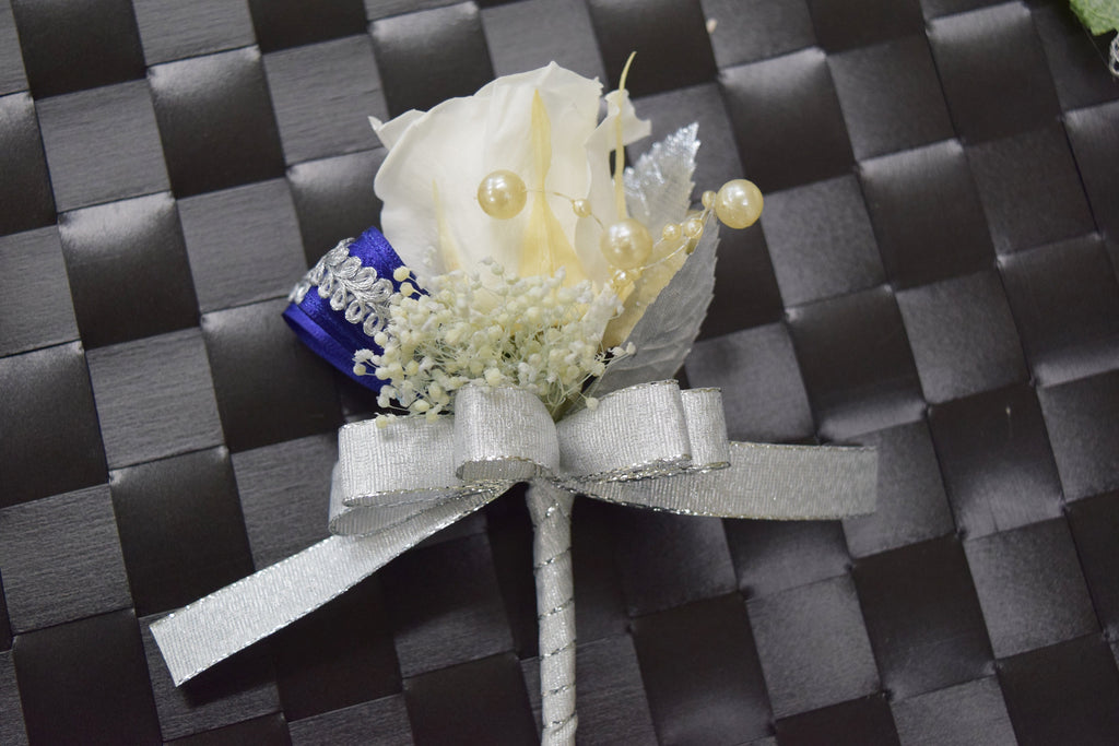 Boutonniere & Wrist Corsage Set (BWC20) - White & Silver
