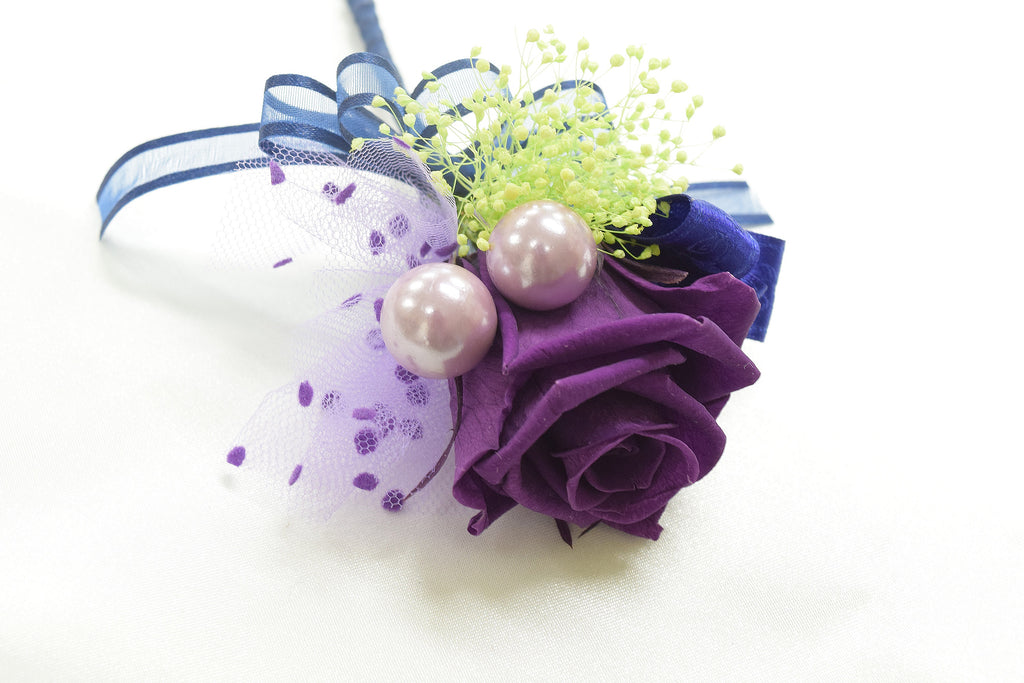 Boutonniere & Wrist Corsage Set (BWC27) - Dark Purple & Green