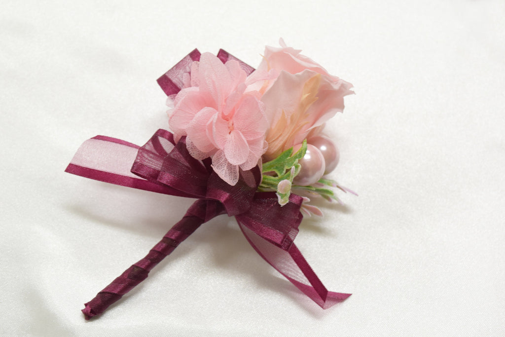 Boutonniere & Wrist Corsage Set (BWC28) - Light Pink & Maroon
