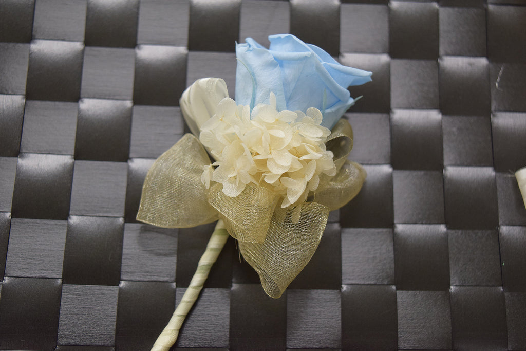 Boutonniere & Wrist Corsage Set (BWC32) - Light Blue & Ivory
