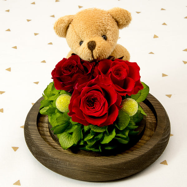 Bear in Glass Dome - Brown Bear/Red Roses