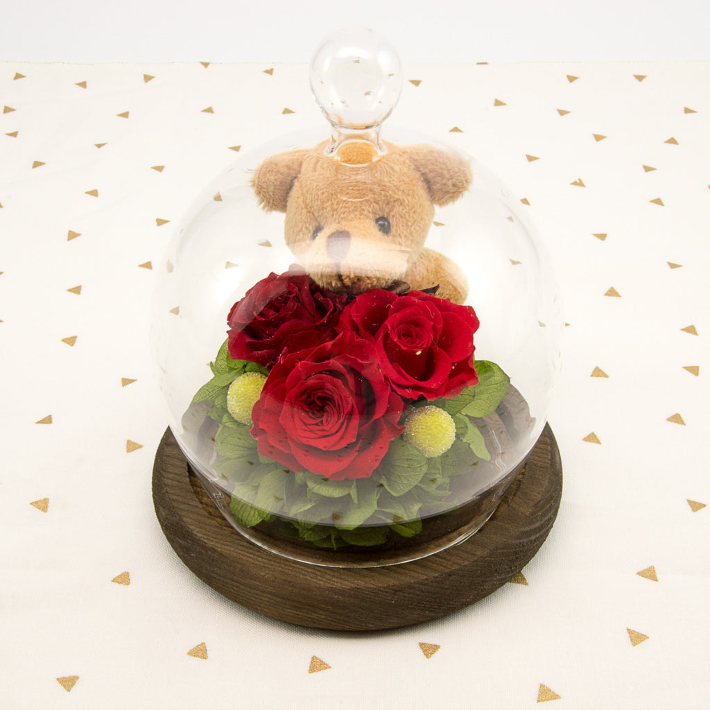 Bear in Glass Dome - Brown Bear/Red Roses