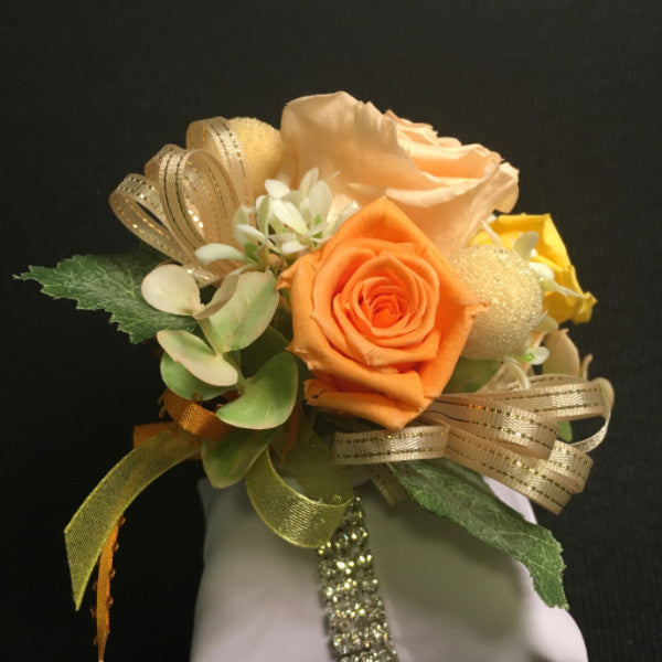 Wrist Corsage (WC04-RB) - Peach Orange / Rhinestone Bracelet