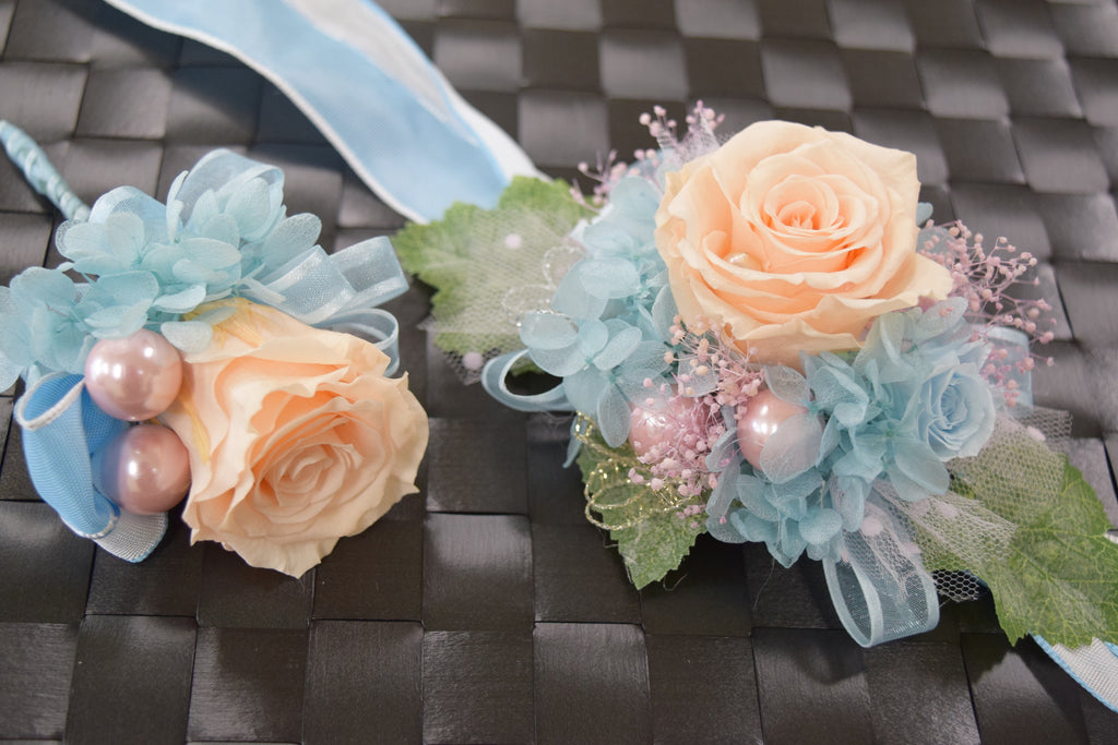 Wrist Corsage (WC15) - Peach & Light Blue