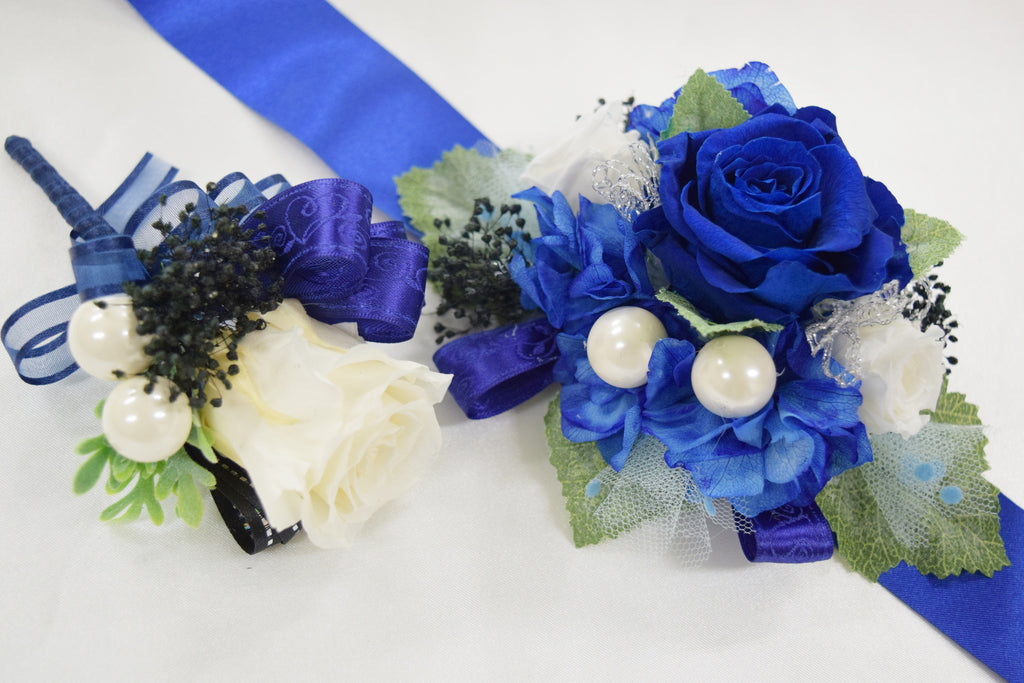 Wrist Corsage (WC16) - Dark Blue & Pearl White