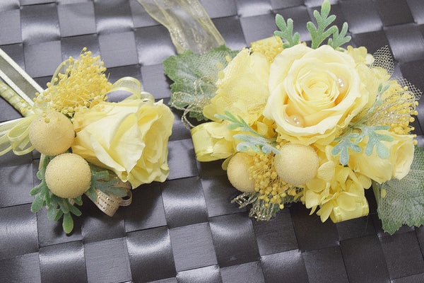 Boutonniere & Wrist Corsage Set (BWC24) - Soft Yellow