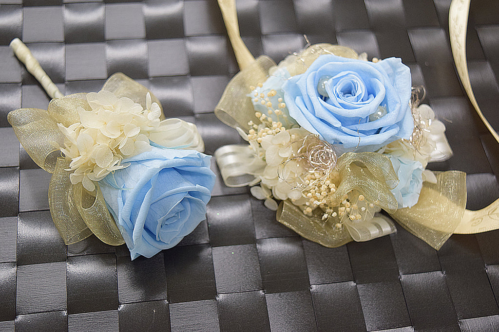 Boutonniere & Wrist Corsage Set (BWC32) - Light Blue & Ivory