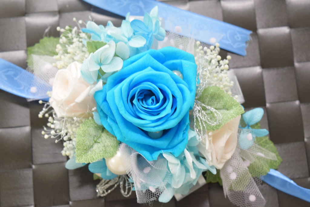 Boutonniere & Wrist Corsage Set (BWC14) - Turquoise & Cream