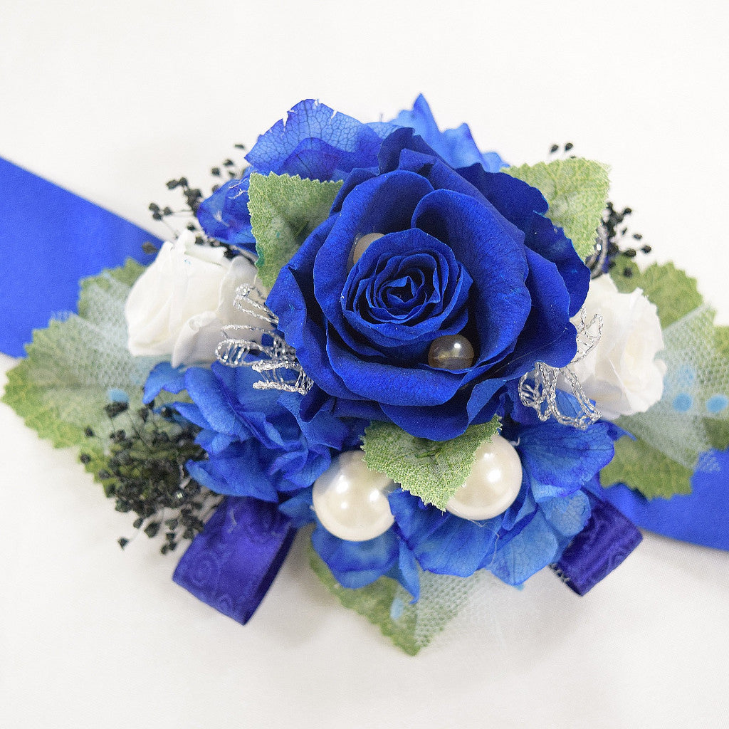 Wrist Corsage (WC16) - Dark Blue & Pearl White