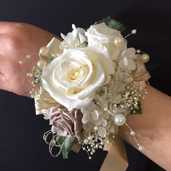 Boutonniere & Wrist Corsage Set (BWC01) - White & Beige