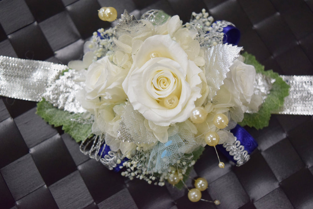 Boutonniere & Wrist Corsage Set (BWC20) - White & Silver