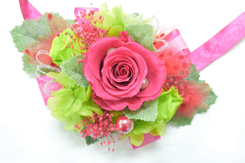 Boutonniere & Wrist Corsage Set (BWC21) - Hot Pink & Green