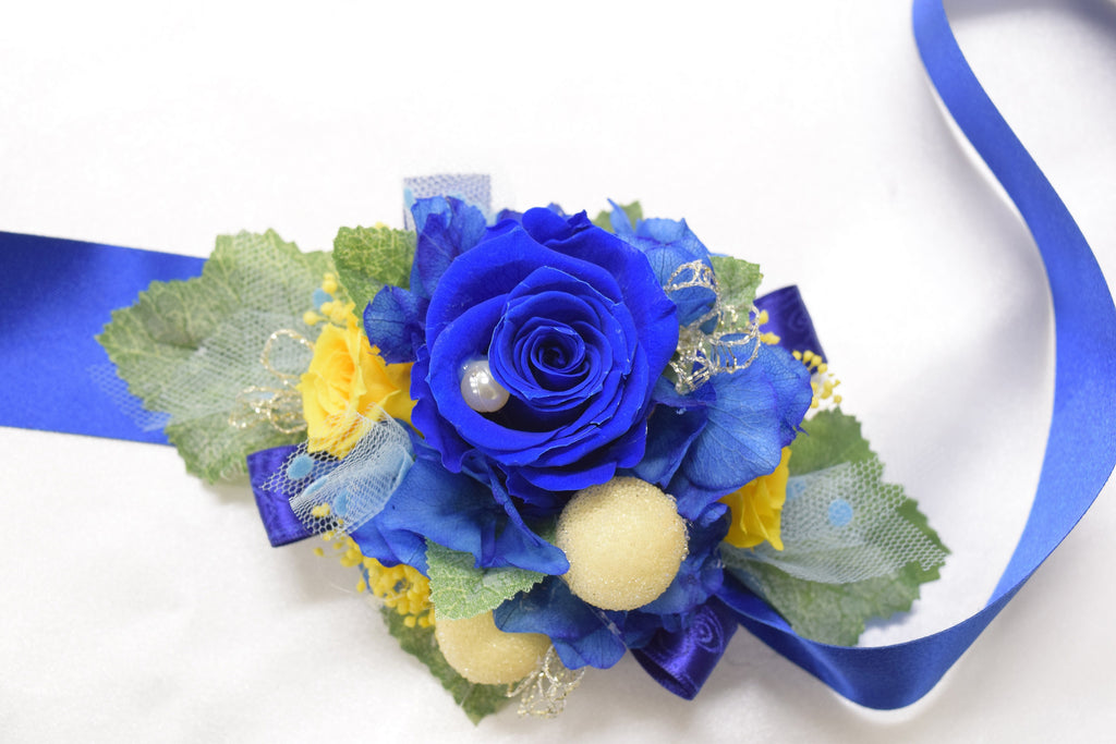 Boutonniere & Wrist Corsage Set (BWC25) - Royal Blue & Yellow
