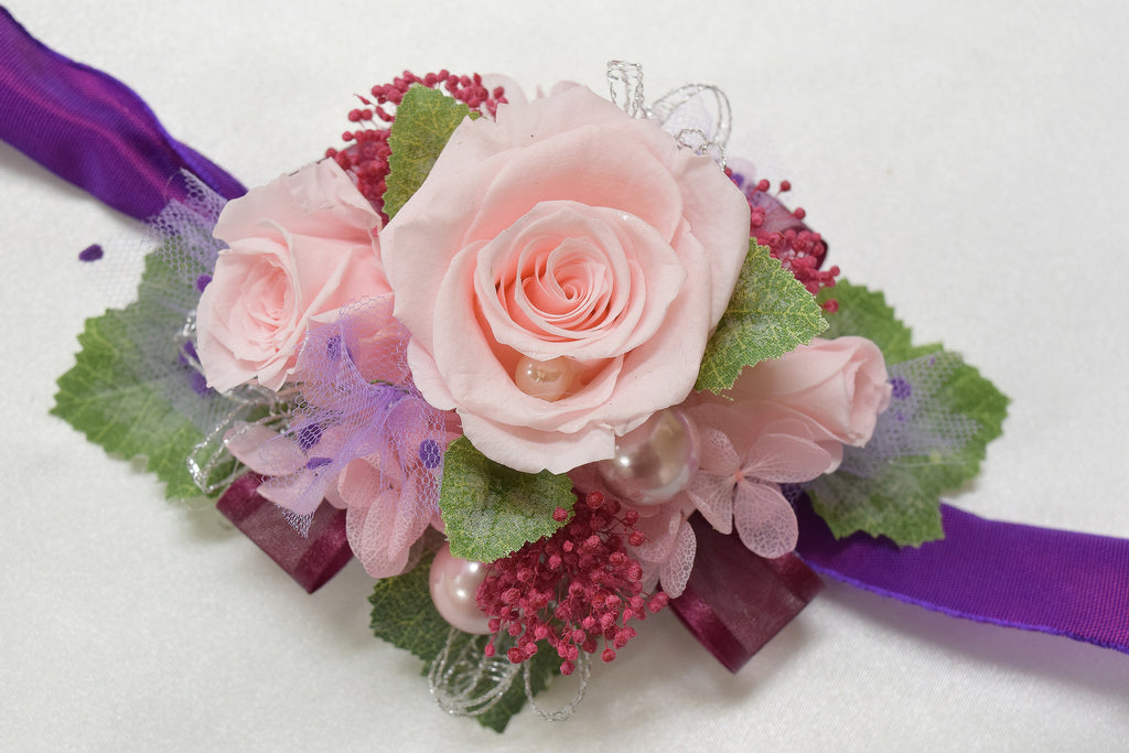 Boutonniere & Wrist Corsage Set (BWC28) - Light Pink & Maroon