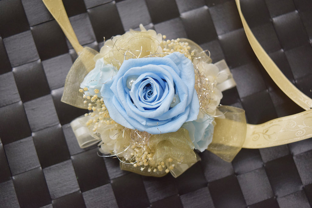 Boutonniere & Wrist Corsage Set (BWC32) - Light Blue & Ivory