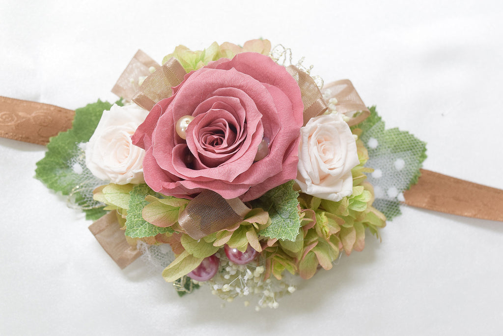 Boutonniere & Wrist Corsage Set (BWC08) - Rosewood Pink & Panna Cotta