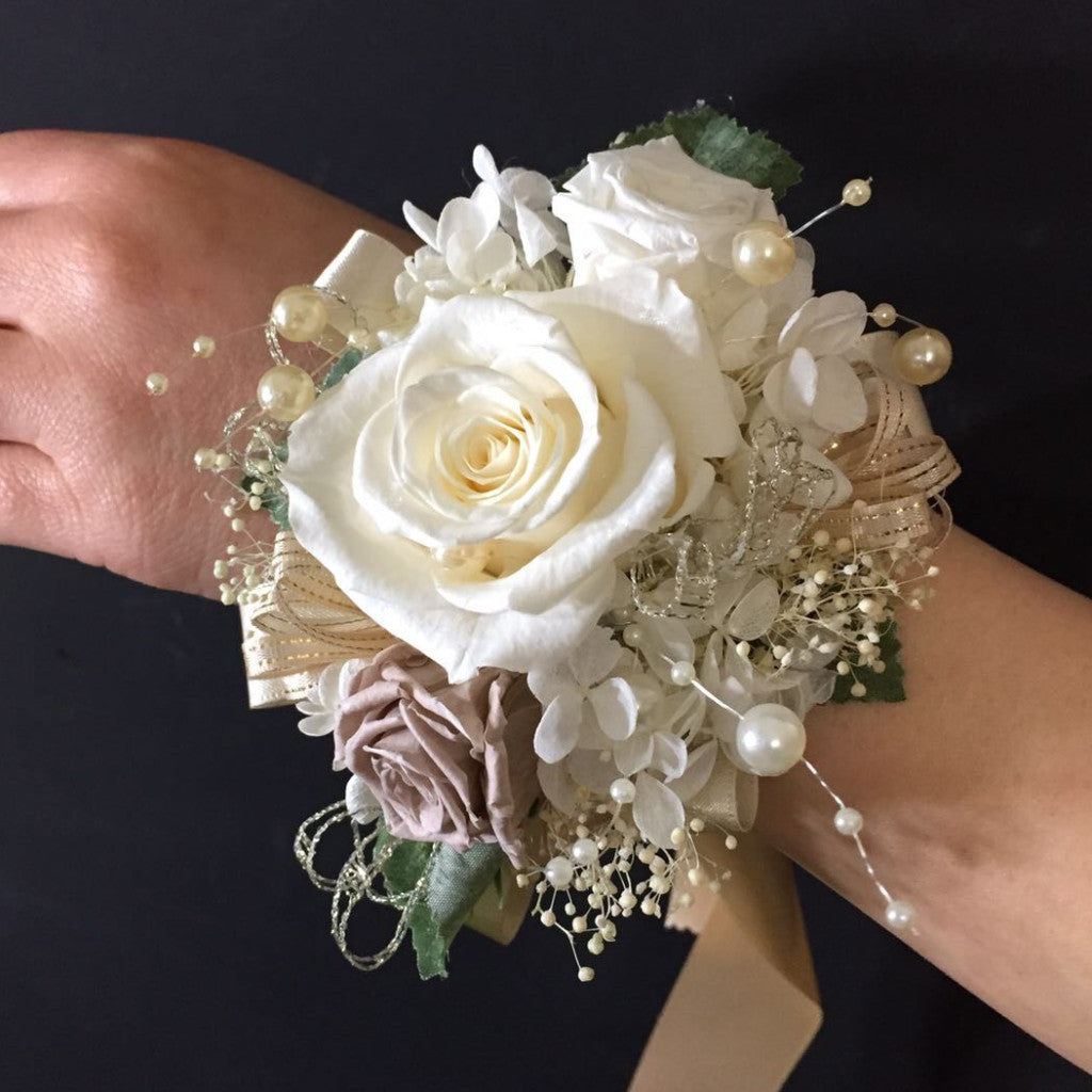 Wrist Corsage (WC01-RGB) - Ivory Beige / Rose Gold Bracelet
