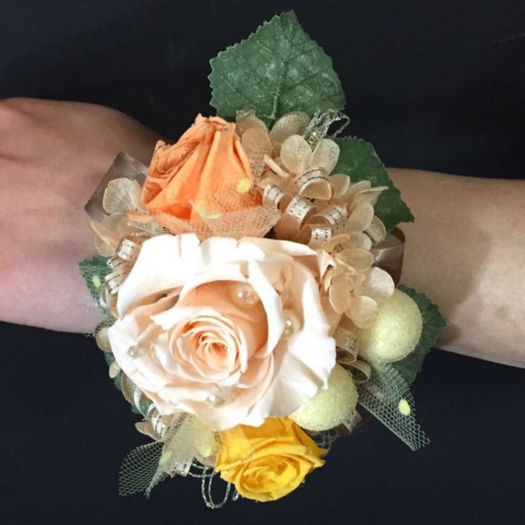 Wrist Corsage (WC04-GB) - Peach Orange / Gold Bracelet