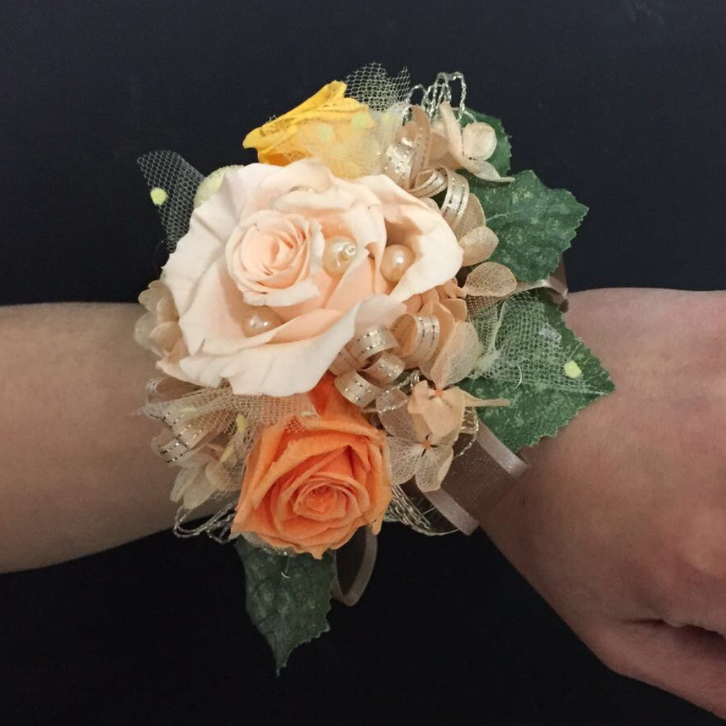 Wrist Corsage (WC04-GB) - Peach Orange / Gold Bracelet